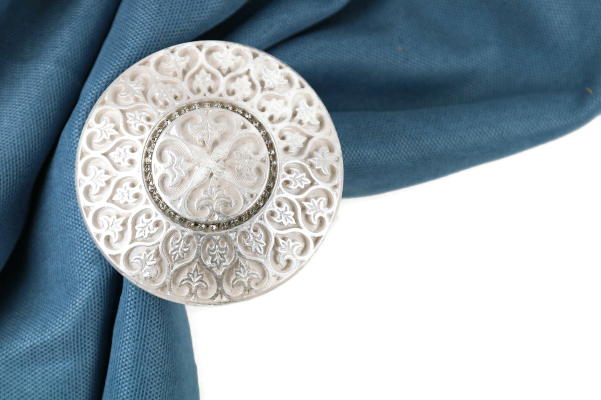 Victorian Flowers Curtain Holdbacks, Silver Satin Tiebacks, Vintage Dr