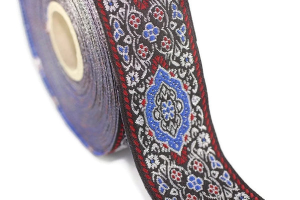 Blue Medieval Motive Woven Border Jacquard Ribbon Trim (1.37 inches), 35 mm Upholstery Fabric Drapery Making Sewing Trim 35589