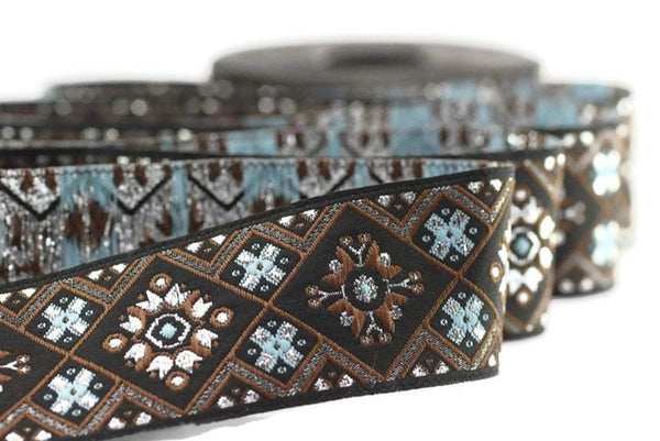 25 mm Blue/Brown Geometric Ribbon (0.98 inches), Geometric trim, jacquard trim, craft supplies, vintage trim, jacquard ribbon, 25975