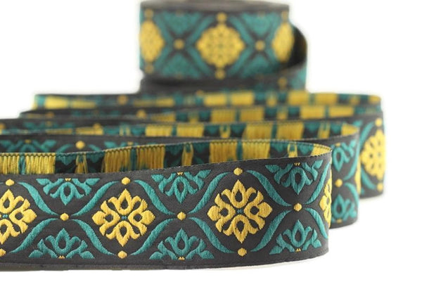 25 mm Green/Light Orange Mediterranean Ribbon (0.98 inches), Jacquard ribbons, jacquard trim, fabric wide trims, craft supplies, trim, 25973