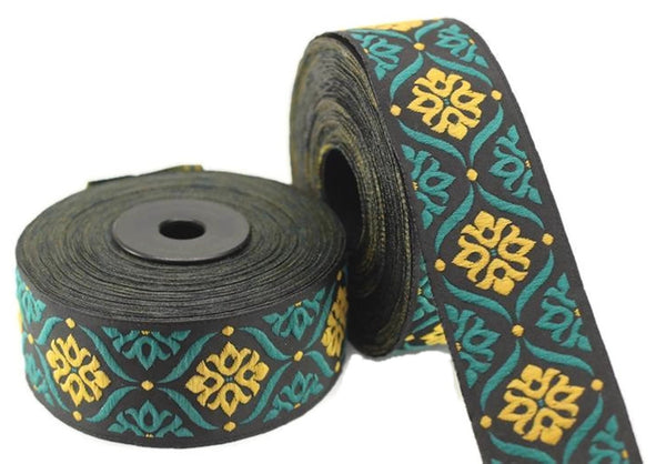 25 mm Green/Light Orange Mediterranean Ribbon (0.98 inches), Jacquard ribbons, jacquard trim, fabric wide trims, craft supplies, trim, 25973