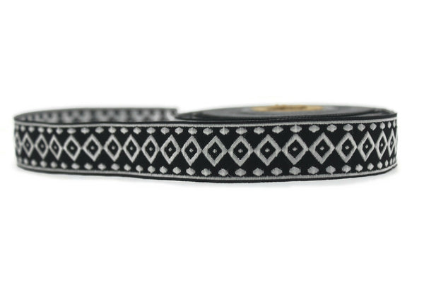 22mm Black/White Diamond Design Ribbon 0.86'' | Jacquard Ribbons | Jacquard Trims | Fabric Wide Trims | Craft Supplies | Vintage Trim 25276