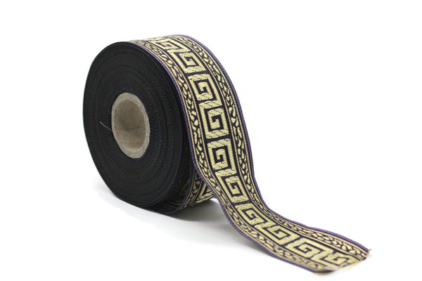35 mm Lilac/Gold Greek Key ribbons (1.37 inches), ribbon trims, jacquard ribbons, fabric ribbons, vintage trim, geometric ribbons, 35060