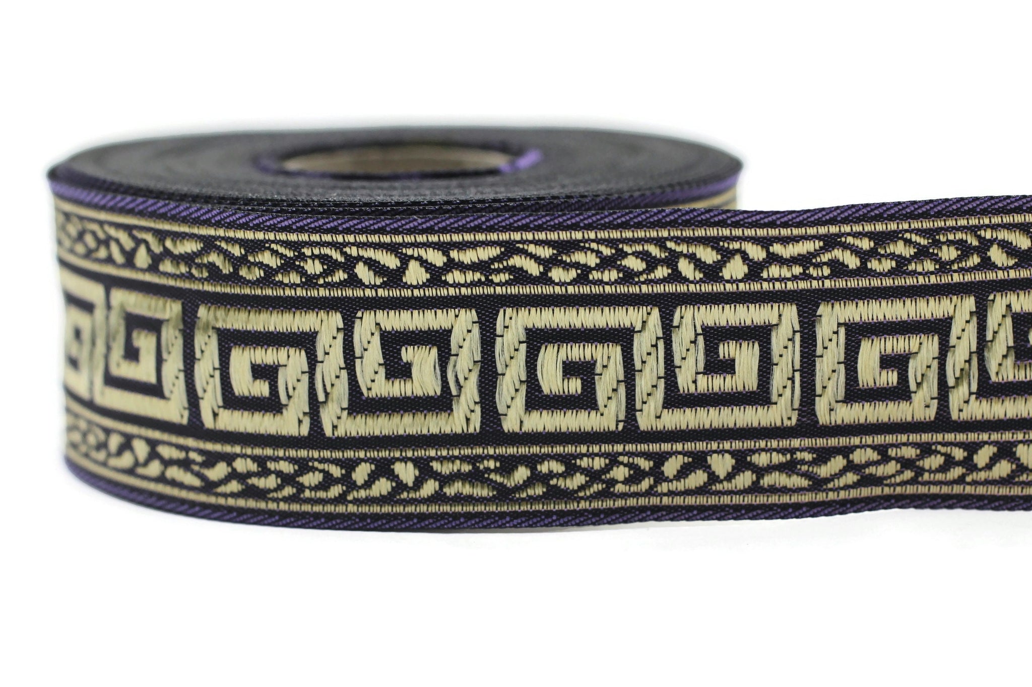 35 mm Lilac/Gold Greek Key ribbons (1.37 inches), ribbon trims, jacquard ribbons, fabric ribbons, vintage trim, geometric ribbons, 35060