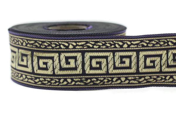 35 mm Lilac/Gold Greek Key ribbons (1.37 inches), ribbon trims, jacquard ribbons, fabric ribbons, vintage trim, geometric ribbons, 35060