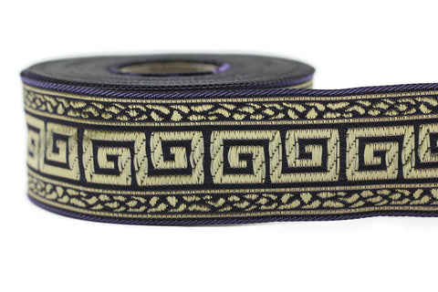 35 mm Lilac/Gold Greek Key ribbons (1.37 inches), ribbon trims, jacquard ribbons, fabric ribbons, vintage trim, geometric ribbons, 35060