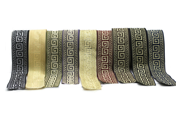 35 mm Green/Gold Greek Key ribbons (1.37 inches), ribbon trims, jacquard ribbons, fabric ribbons, vintage trim, geometric ribbons, 35060