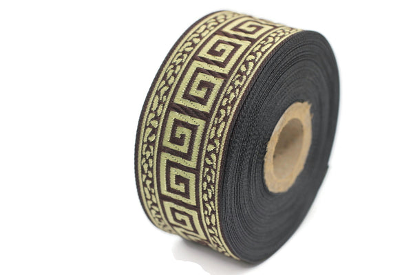 35 mm Brown/Gold Greek Key ribbons (1.37 inches), ribbon trims, jacquard ribbons, fabric ribbons, vintage trim, geometric ribbons, 35060