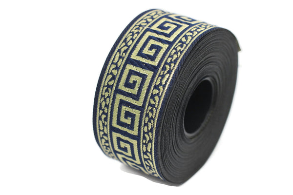 35 mm Blue/Gold Greek Key ribbons (1.37 inches), ribbon trims, jacquard ribbons, fabric ribbons, vintage trim, geometric ribbons, 35060