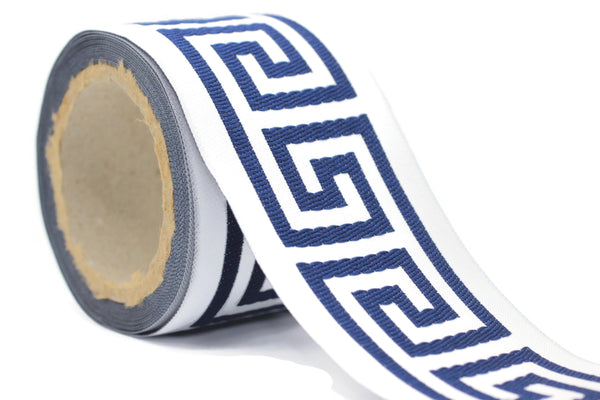 68 mm Blue Greek Key Ribbon Trim (2.67 inch), Jacquard Trims for your Drapes, Curtains, Drapery Banding, Drapery Trim Tape V16 176