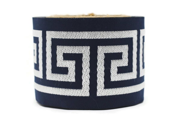 68 mm Dark Blue Greek Key Ribbon Trim (2.67 inch), Jacquard Trims for your Drapes, Curtains, Drapery Banding, Drapery Trim Tape V10 176