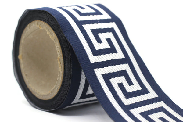 68 mm Dark Blue Greek Key Ribbon Trim (2.67 inch), Jacquard Trims for your Drapes, Curtains, Drapery Banding, Drapery Trim Tape V10 176