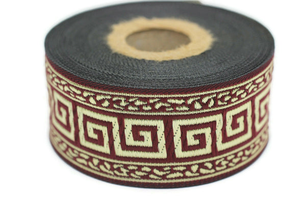 35 mm Red/Gold Greek Key ribbons (1.37 inches), ribbon trims, jacquard ribbons, fabric ribbons, vintage trim, geometric ribbons, 35060