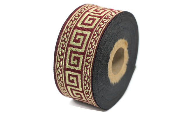 35 mm Red/Gold Greek Key ribbons (1.37 inches), ribbon trims, jacquard ribbons, fabric ribbons, vintage trim, geometric ribbons, 35060