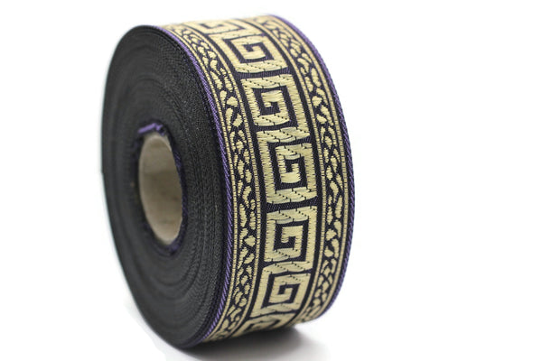 35 mm Lilac/Gold Greek Key ribbons (1.37 inches), ribbon trims, jacquard ribbons, fabric ribbons, vintage trim, geometric ribbons, 35060
