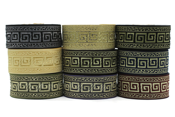 35 mm Blue/Gold Greek Key ribbons (1.37 inches), ribbon trims, jacquard ribbons, fabric ribbons, vintage trim, geometric ribbons, 35060