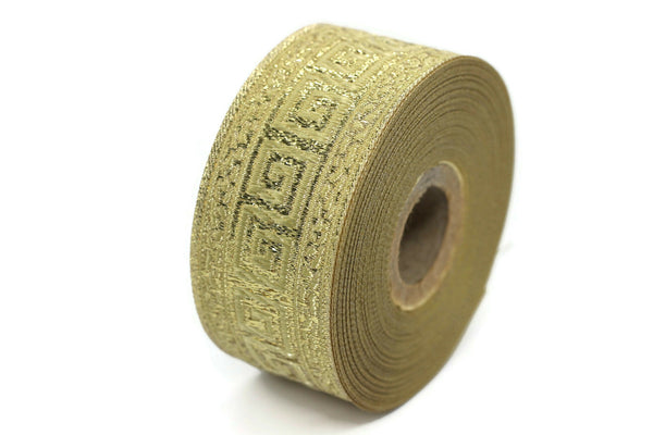 35 mm Golden Greek Key ribbons (1.37 inches), ribbon trims, jacquard ribbons, fabric ribbons, vintage trim, geometric ribbons, 35060