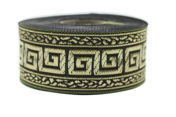 35 mm Green/Gold Greek Key ribbons (1.37 inches), ribbon trims, jacquard ribbons, fabric ribbons, vintage trim, geometric ribbons, 35060