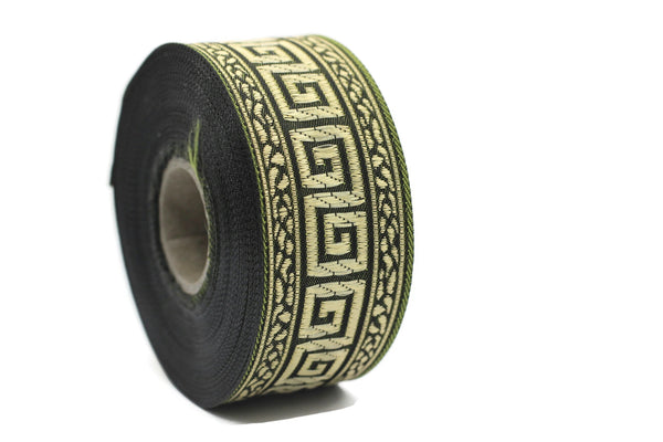 35 mm Green/Gold Greek Key ribbons (1.37 inches), ribbon trims, jacquard ribbons, fabric ribbons, vintage trim, geometric ribbons, 35060
