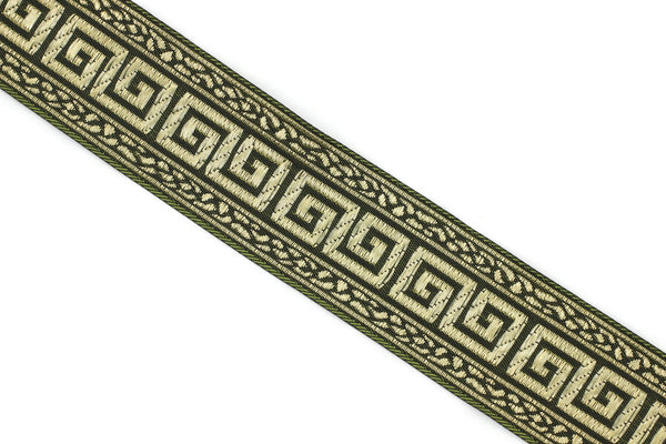 35 mm Green/Gold Greek Key ribbons (1.37 inches), ribbon trims, jacquard ribbons, fabric ribbons, vintage trim, geometric ribbons, 35060