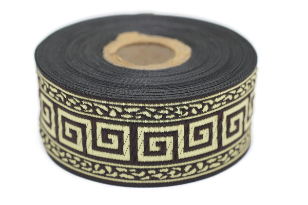 35 mm Brown/Gold Greek Key ribbons (1.37 inches), ribbon trims, jacquard ribbons, fabric ribbons, vintage trim, geometric ribbons, 35060