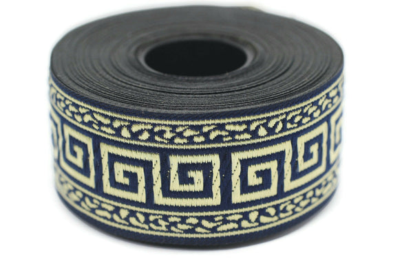 35 mm Blue/Gold Greek Key ribbons (1.37 inches), ribbon trims, jacquard ribbons, fabric ribbons, vintage trim, geometric ribbons, 35060