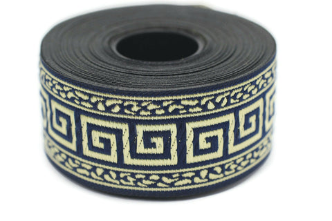 35 mm Blue/Gold Greek Key ribbons (1.37 inches), ribbon trims, jacquard ribbons, fabric ribbons, vintage trim, geometric ribbons, 35060