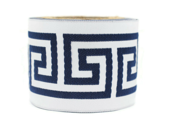 68 mm Blue Greek Key Ribbon Trim (2.67 inch), Jacquard Trims for your Drapes, Curtains, Drapery Banding, Drapery Trim Tape V16 176