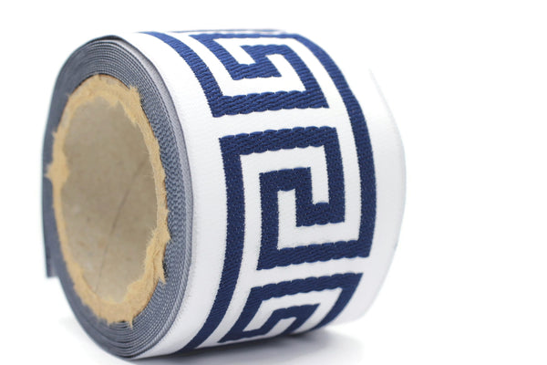 68 mm Blue Greek Key Ribbon Trim (2.67 inch), Jacquard Trims for your Drapes, Curtains, Drapery Banding, Drapery Trim Tape V16 176