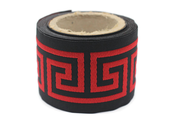 68 mm Red&Black Greek Key Ribbon Trim (2.67 inch), Jacquard Trims for your Drapes, Curtains, Drapery Banding, Drapery Trim Tape V12 176