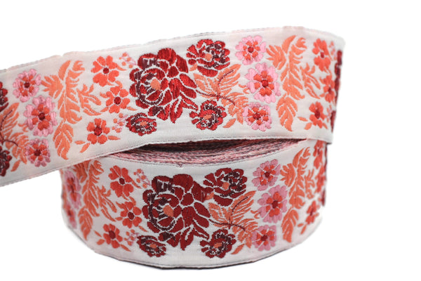 35 mm Red Floral Embroidered ribbon (1.37 inches), Vintage Jacquard, Floral ribbon, Sewing trim, Jacquard trim, Jacquard ribbon, 35097