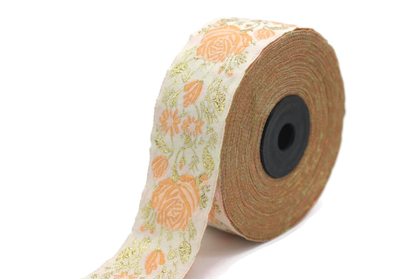 35 mm Orange Floral Jacquard trim (1.37 inches), Rose emboried Ribbon, Decorative Craft Ribbon, Jacquard Ribbon Trim, 35089
