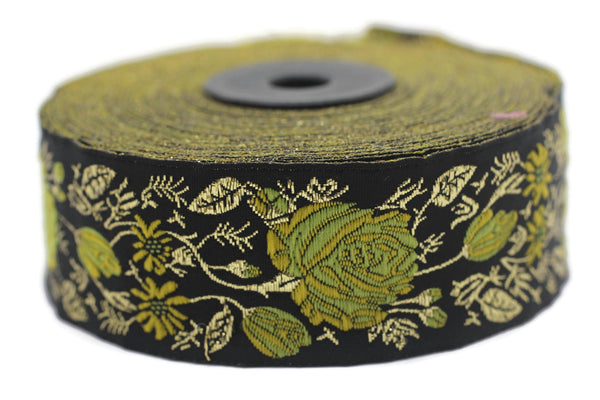 35 mm Yellow / Black Floral Jacquard trim (1.37 inches), Rose emboried Ribbon, Decorative Craft Ribbon, Jacquard Ribbon Trim, 35089