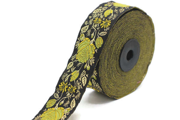 35 mm Yellow / Black Floral Jacquard trim (1.37 inches), Rose emboried Ribbon, Decorative Craft Ribbon, Jacquard Ribbon Trim, 35089