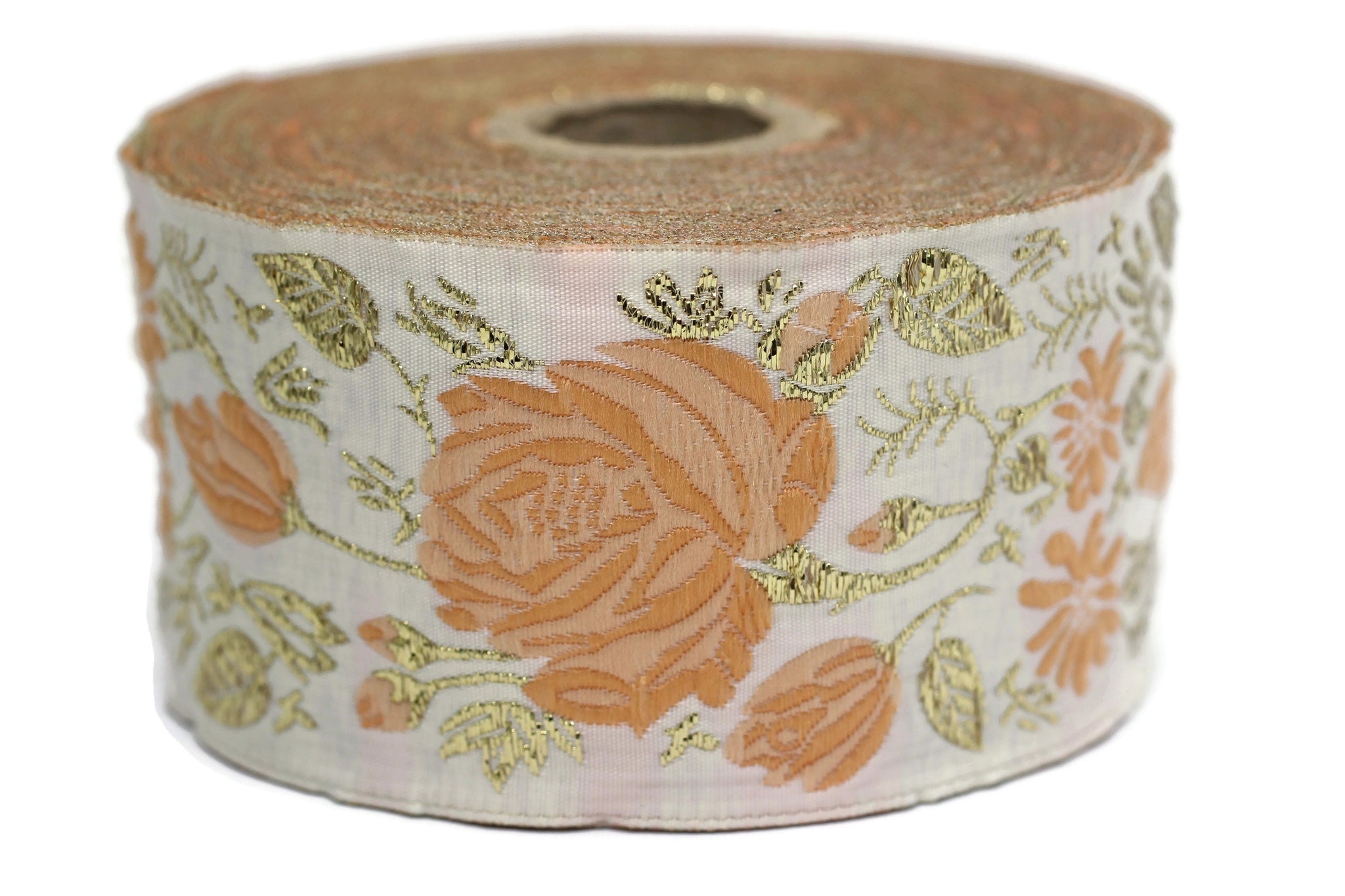 50 mm Orange / White Floral Jacquard trim (1.96 inches), rose embroried Ribbon, Decorative Craft Ribbon, Jacquard Ribbon Trim, 50089