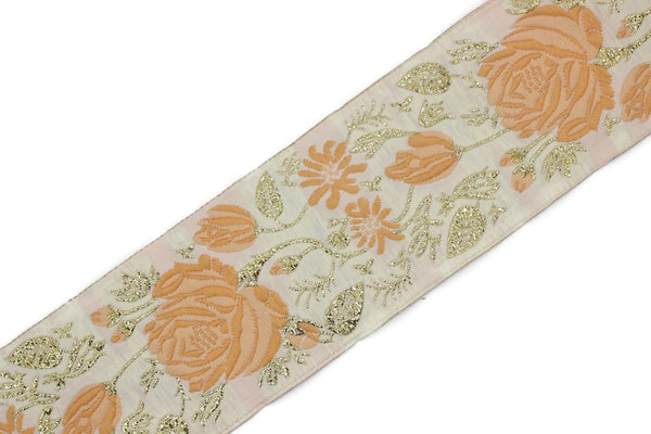 50 mm Orange / White Floral Jacquard trim (1.96 inches), rose embroried Ribbon, Decorative Craft Ribbon, Jacquard Ribbon Trim, 50089