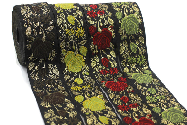 50 mm Yellow / Black Floral Jacquard trim (1.96 inches) rose embroried Ribbon, Decorative Craft Ribbon, Jacquard Ribbon Trim, 50089