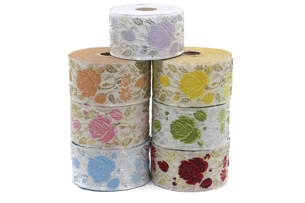 50 mm Floral Jacquard trim (1.96 inches), Rose emboried Ribbon, Decorative Craft Ribbon, Jacquard Ribbon Trim, 50089