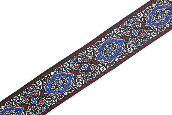 Blue Medieval Motive Woven Border Jacquard Ribbon Trim (1.37 inches), 35 mm Upholstery Fabric Drapery Making Sewing Trim 35589