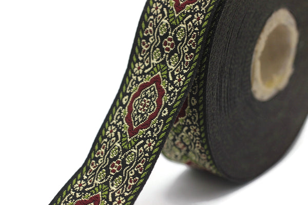 25 mm Light Green Medieval Motive Woven Border (0.98 inches), jacquard ribbon, Embroidered ribbon, Sewing trim, Scroll Jacquard trim, 25589