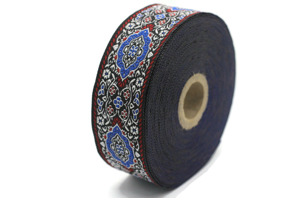 Blue Medieval Motive Woven Border Jacquard Ribbon Trim (1.37 inches), 35 mm Upholstery Fabric Drapery Making Sewing Trim 35589