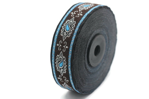 25 mm Blue/Brown medieval ribbon (0.98 inches), renaissance trim, otantic ribbon, jacquard ribbons, fabric ribbon, vintage trim, 25907