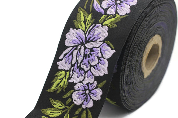 50 mm Lilac / Black Floral Jacquard trim (1.96 inches), vintage Ribbon, Decorative Craft Ribbon, Floral Jacquard Ribbon, Trim, 50096