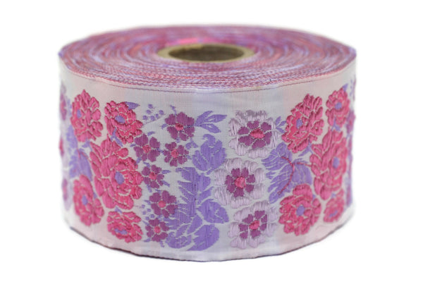 50 mm Pink Floral Embroidered ribbon (1.96 inches, Vintage Jacquard, Floral ribbon, Sewing trim, Jacquard trim, Jacquard ribbon, 50097