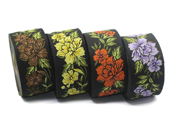 50 mm Lilac / Black Floral Jacquard trim (1.96 inches), vintage Ribbon, Decorative Craft Ribbon, Floral Jacquard Ribbon, Trim, 50096