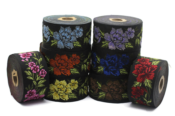 50 mm Lilac / Black Floral Jacquard trim (1.96 inches), vintage Ribbon, Decorative Craft Ribbon, Floral Jacquard Ribbon, Trim, 50096