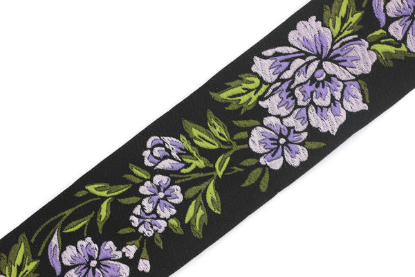 50 mm Lilac / Black Floral Jacquard trim (1.96 inches), vintage Ribbon, Decorative Craft Ribbon, Floral Jacquard Ribbon, Trim, 50096