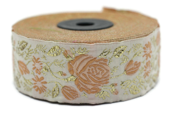 35 mm Orange Floral Jacquard trim (1.37 inches), Rose emboried Ribbon, Decorative Craft Ribbon, Jacquard Ribbon Trim, 35089