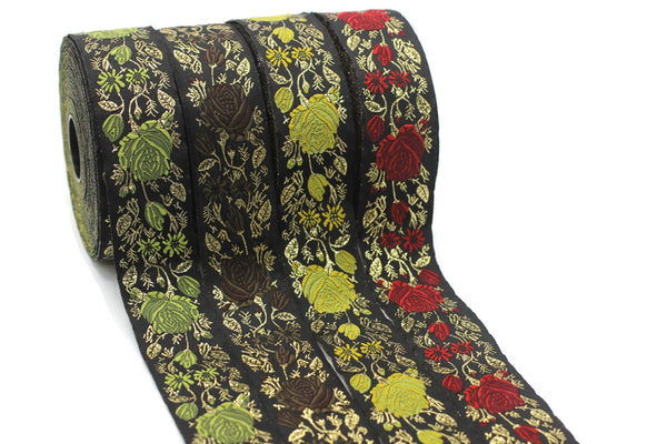 35 mm Yellow / Black Floral Jacquard trim (1.37 inches), Rose emboried Ribbon, Decorative Craft Ribbon, Jacquard Ribbon Trim, 35089