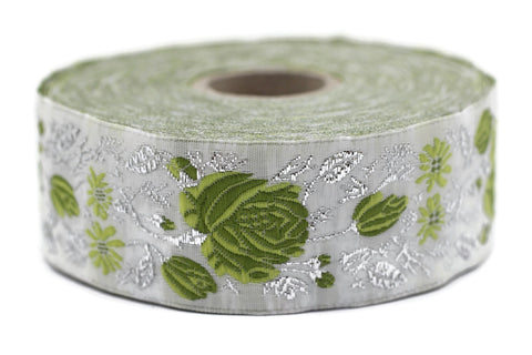 35 mm Green / White Floral Jacquard trim (1.37 inches), vintage Ribbon, Decorative Craft Ribbon, Floral Jacquard Ribbon Trim, 35089